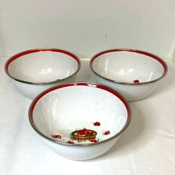 Hallmark Metal Bowls 3 Apple Picking Basket White Silver Red Jan Karon - Picture 3 of 5